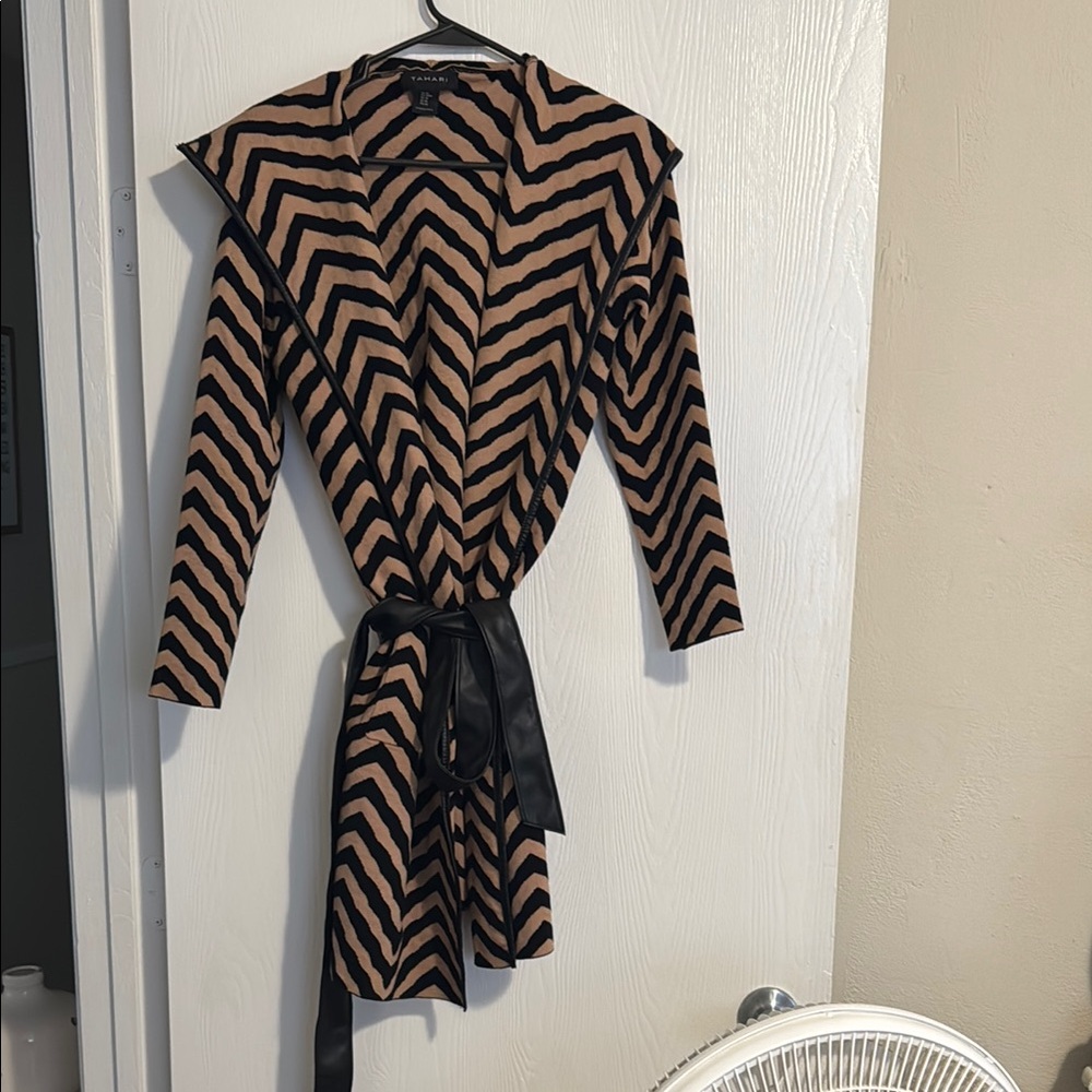 Chic Black and Tan Striped Wrap Sweater